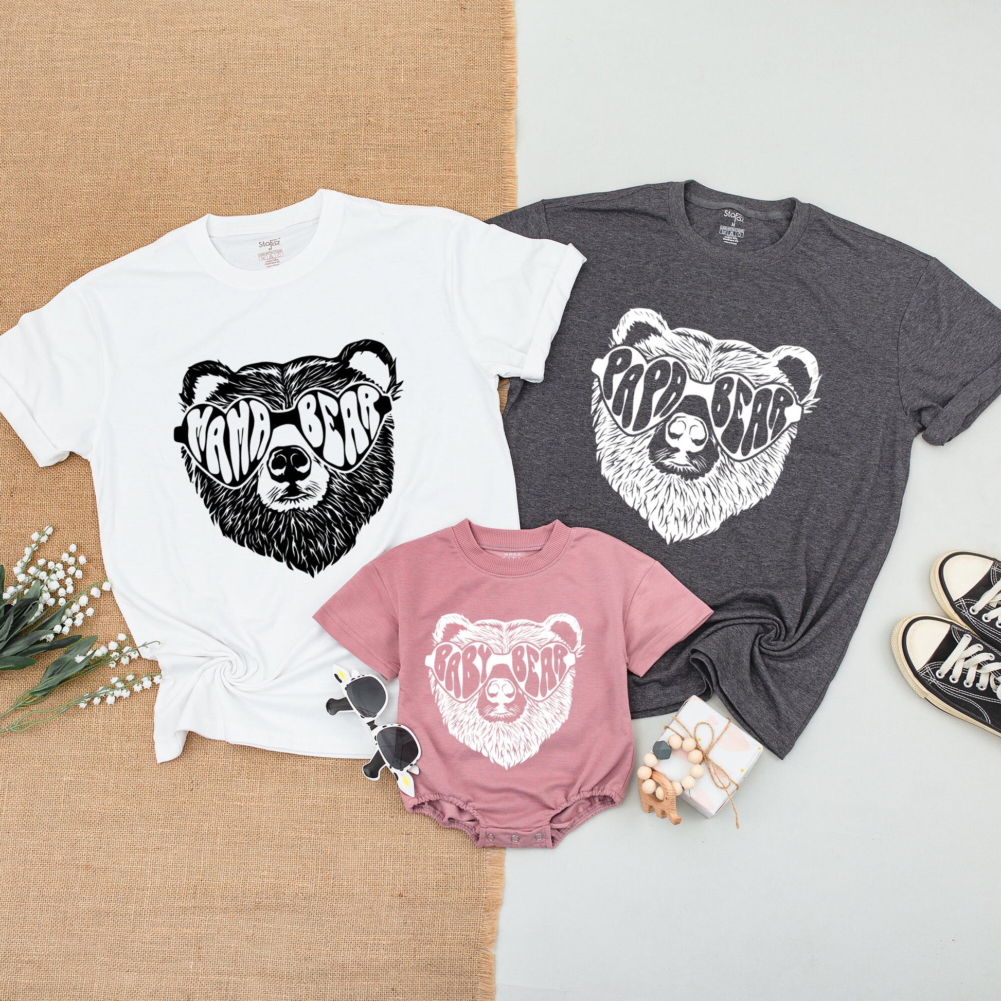 Personalized Family Bear Matching Shirts featuring Distressed Sunglass Bear High Contrast Monochrome Design Mama Papa Baby Bear Camping