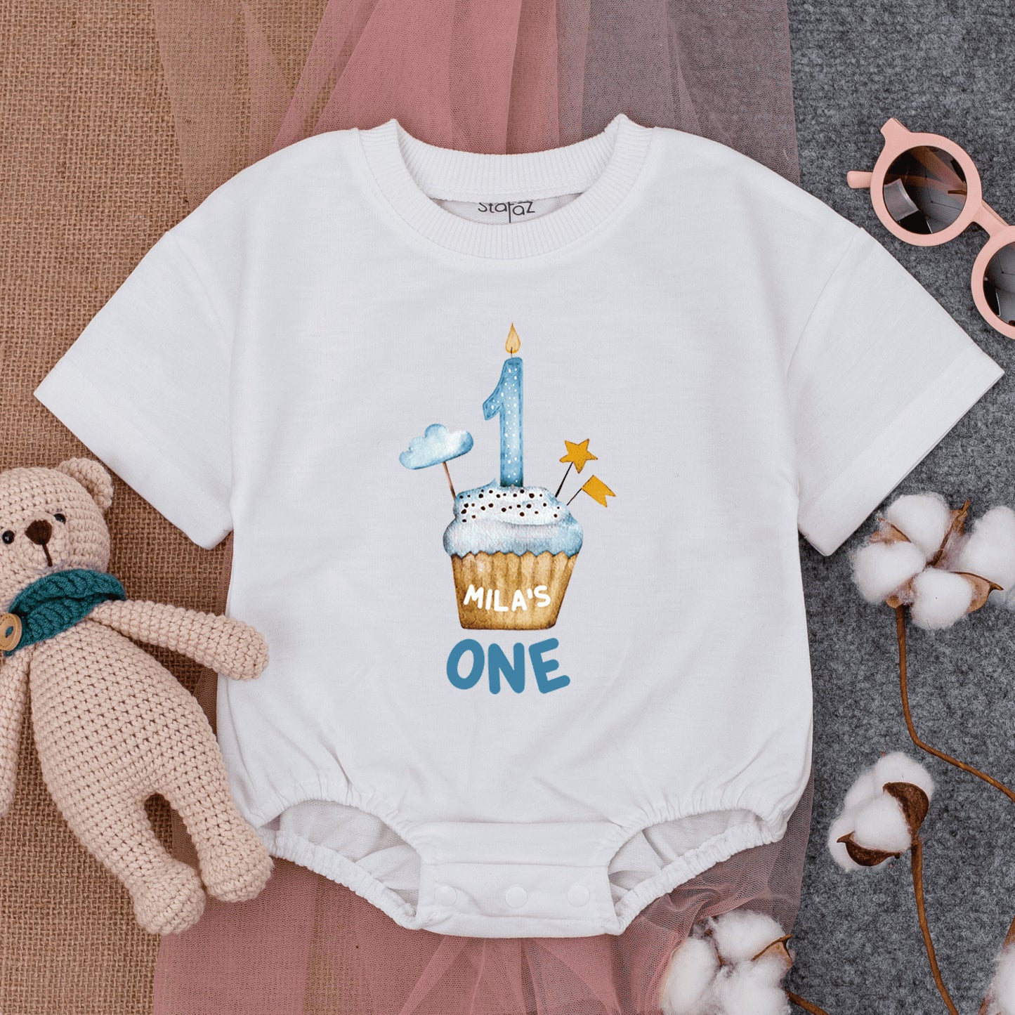 Mila's First Birthday Romper, Blue Cupcake & Candle Outfit, Soft Cotton Short Sleeve Bodysuit, Custom One Year Old Boy or Girl Party Clothes 1st Bday