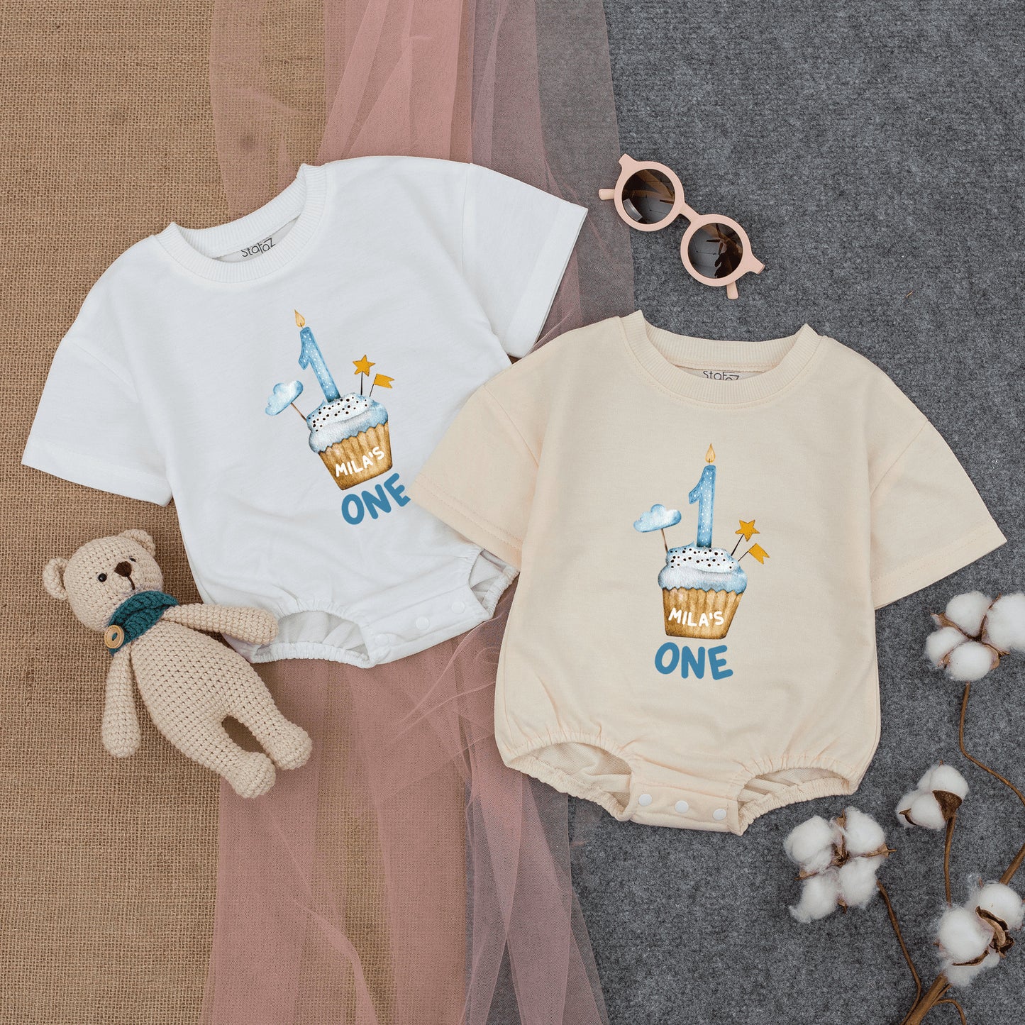 Mila's First Birthday Romper, Blue Cupcake & Candle Outfit, Soft Cotton Short Sleeve Bodysuit, Custom One Year Old Boy or Girl Party Clothes 1st Bday