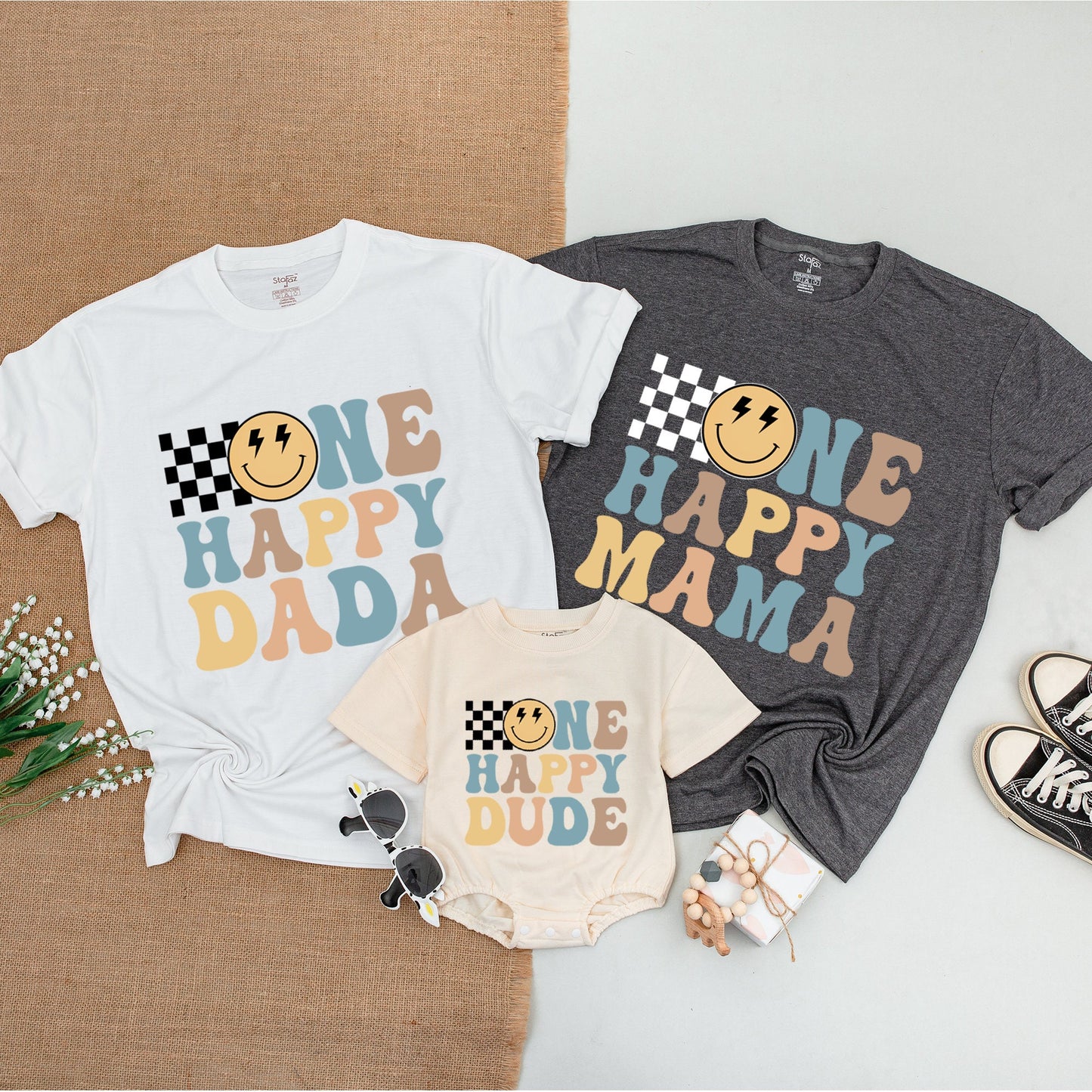 One Happy Dude 1st Birthday Shirt Retro Smiley Face Mama Matching Outfit Baby Bodysuit