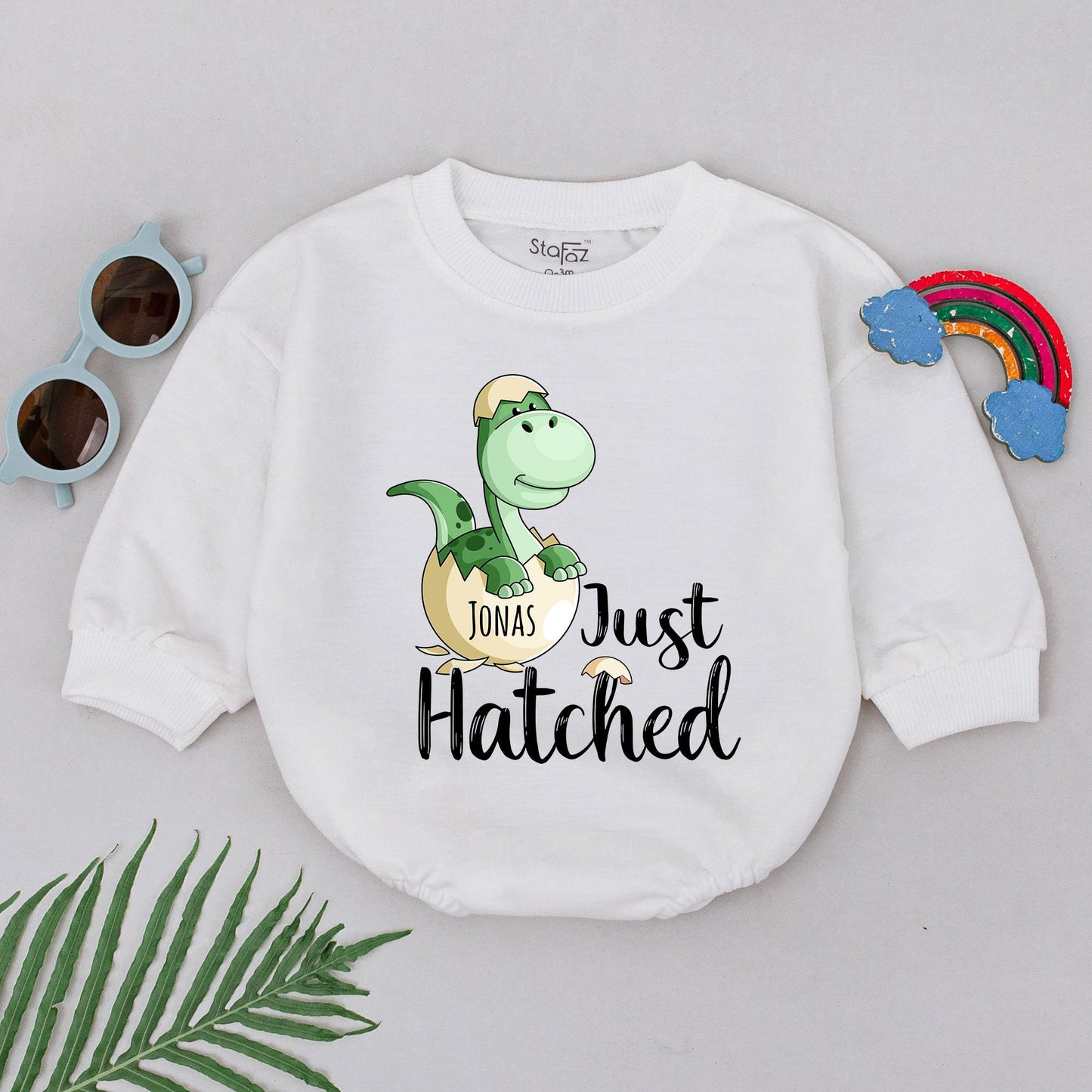 Personalized Just Hatched Dinosaur Baby Romper with Cute Green Egg Design, Adorable Newborn Bubble Bodysuit Shower Gift
