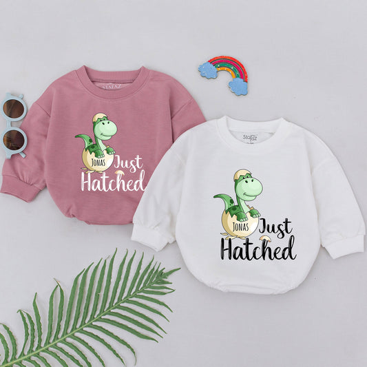 Personalized Just Hatched Dinosaur Baby Romper with Cute Green Egg Design, Adorable Newborn Bubble Bodysuit Shower Gift
