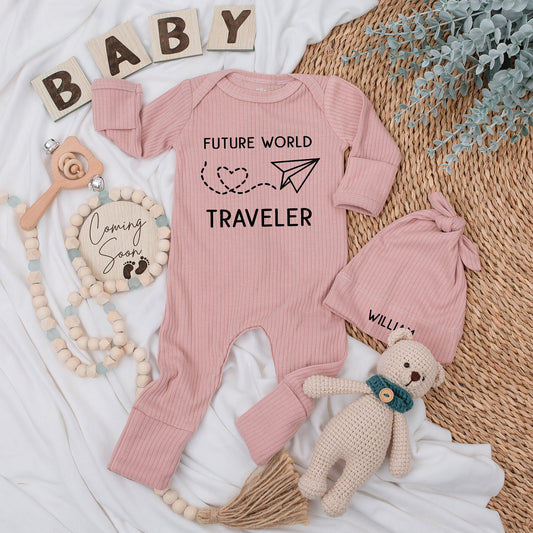 Personalized Future World Traveler Baby Bodysuit Hat Set with Name William Newborn Boy Coming Home Outfit Minimalist Paper Airplane Heart