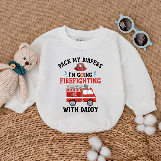 Pack My Diapers I'm Going Firefighting With Daddy Baby Boy Romper Bodysuit Funny Fireman Father's Day Gift Cute Red Fire Truck Design Soft Cotton Outfit