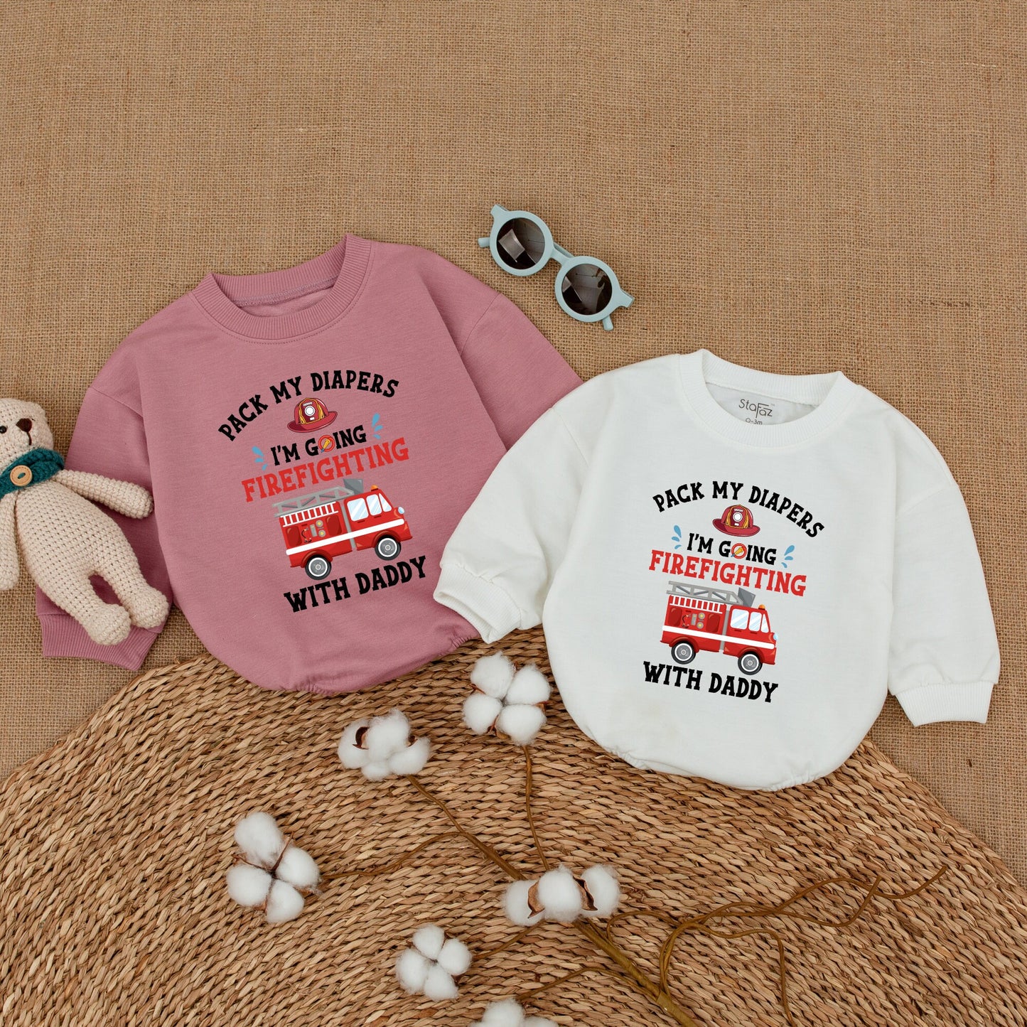 Pack My Diapers I'm Going Firefighting With Daddy Baby Boy Romper Bodysuit Funny Fireman Father's Day Gift Cute Red Fire Truck Design Soft Cotton Outfit