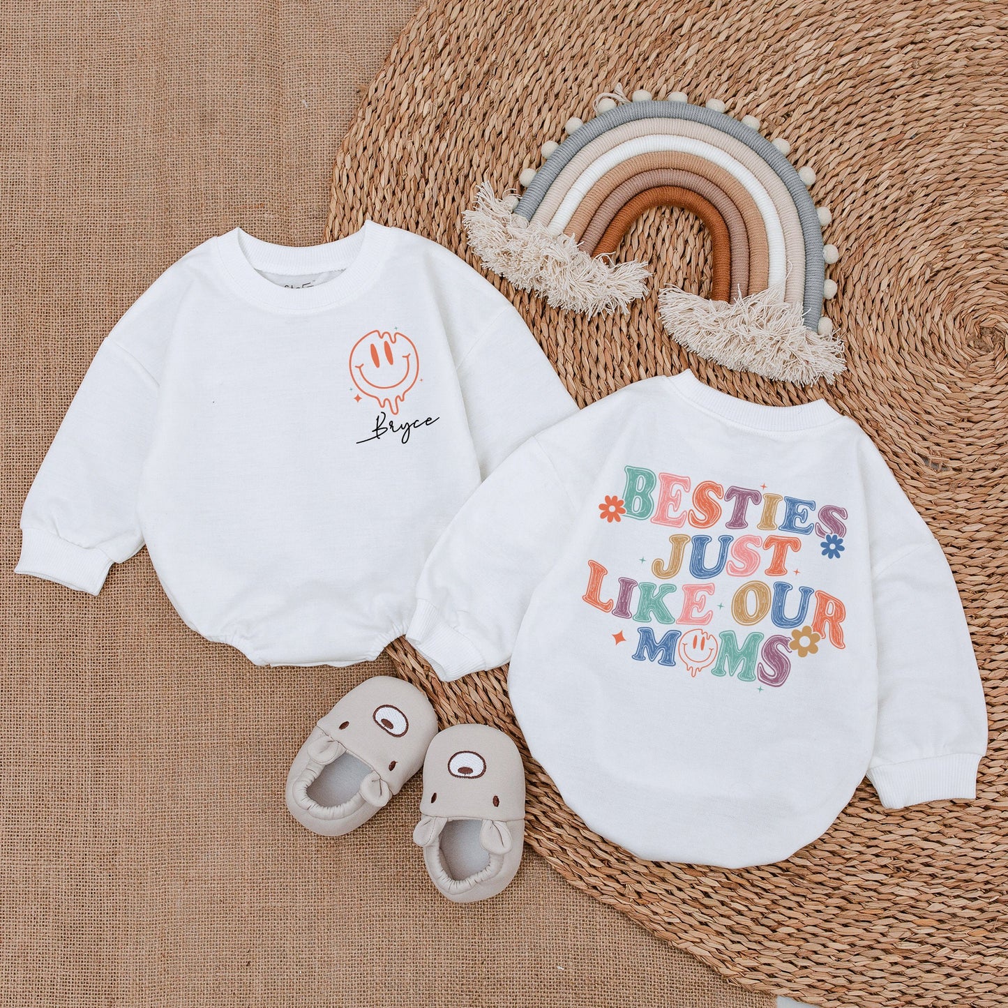 Besties Just Like Our Moms Baby Bodysuit Retro Pastel Flower Stars Smiley Face Gender Neutral Baby Shower Gift Coming Home Outfit