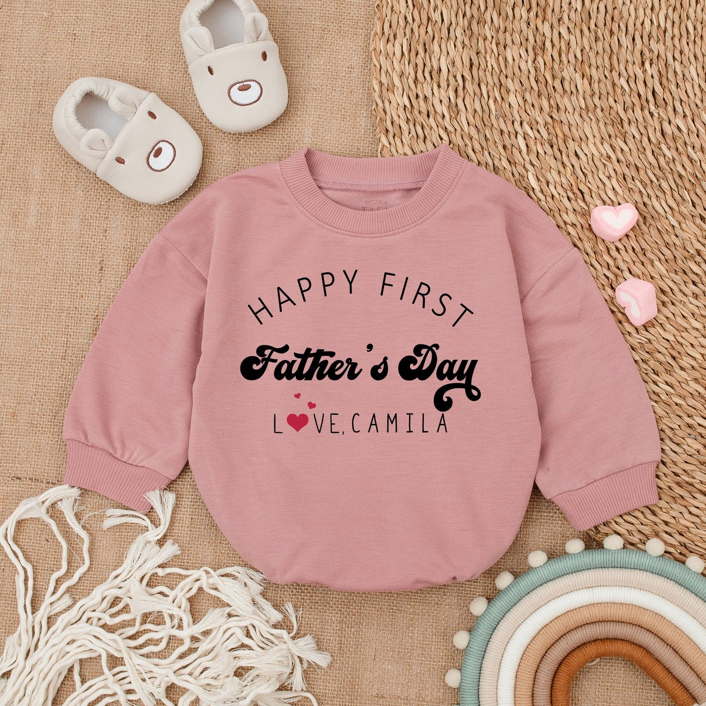 Personalized Happy First Father's Day Baby Romper Daddy and Me Natural Bodysuit Love Camila Heart Design Baby Girl Outfit Comfortable
