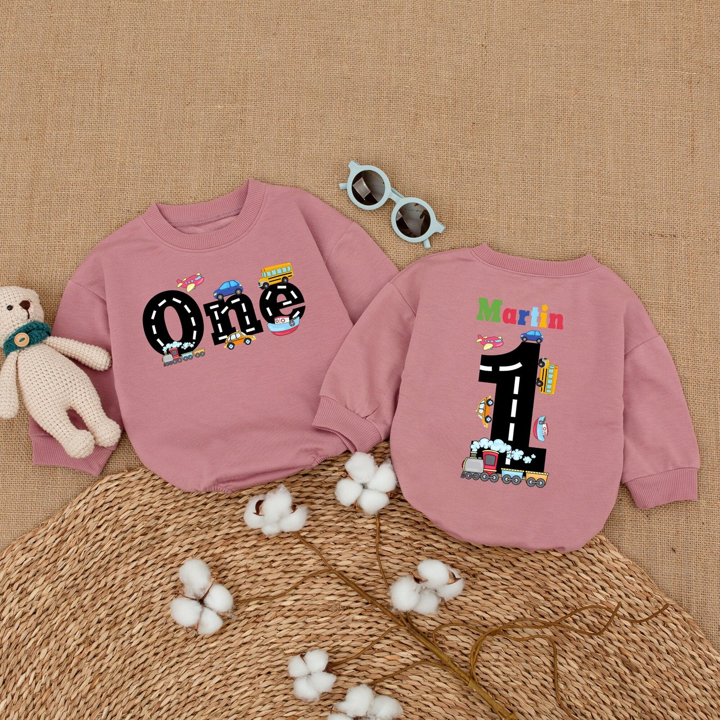 Personalized Colorful Transportation First Birthday Romper One Year Old Bubble Bodysuit Vehicles Trains Cars Planes Cake Smash Outfit Infant Boy Girl Party