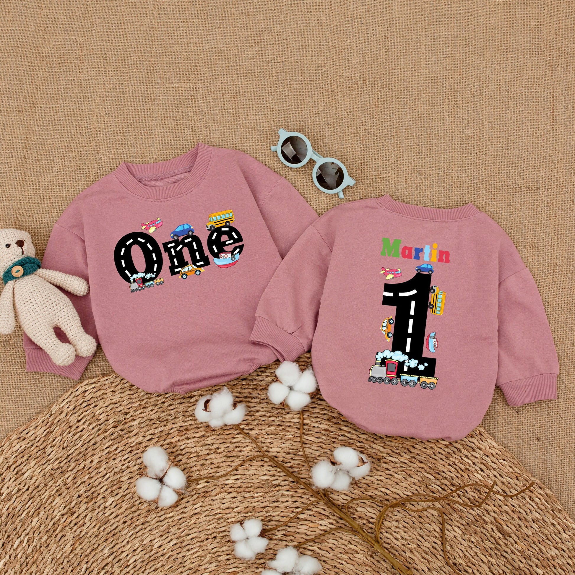 Personalized Colorful Transportation First Birthday Romper One Year Old Bubble Bodysuit Vehicles Trains Cars Planes Cake Smash Outfit Infant Boy Girl Party