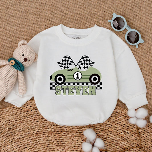 Personalized Fast One 1st Birthday Race Car Romper for Baby Boy with Muted Green Checkered Flag Design Number One Cake Smash Outfit