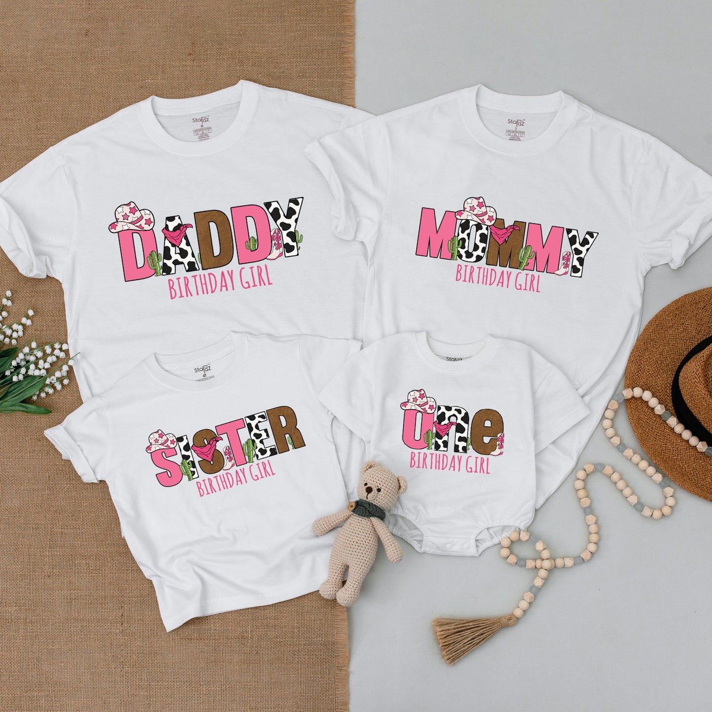 Pink Brown Cow Print Cowgirl First Birthday Family Matching Shirts Wild West One Baby Girl Bodysuit Outfits Rodeo Hat Boot