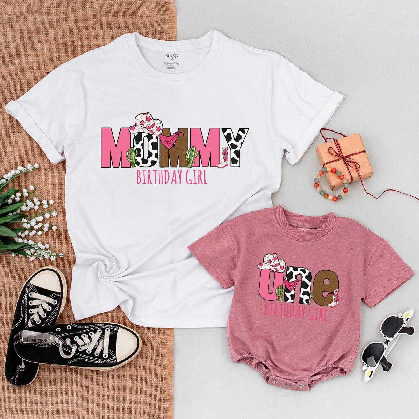 Pink Brown Cow Print Cowgirl First Birthday Family Matching Shirts Wild West One Baby Girl Bodysuit Outfits Rodeo Hat Boot