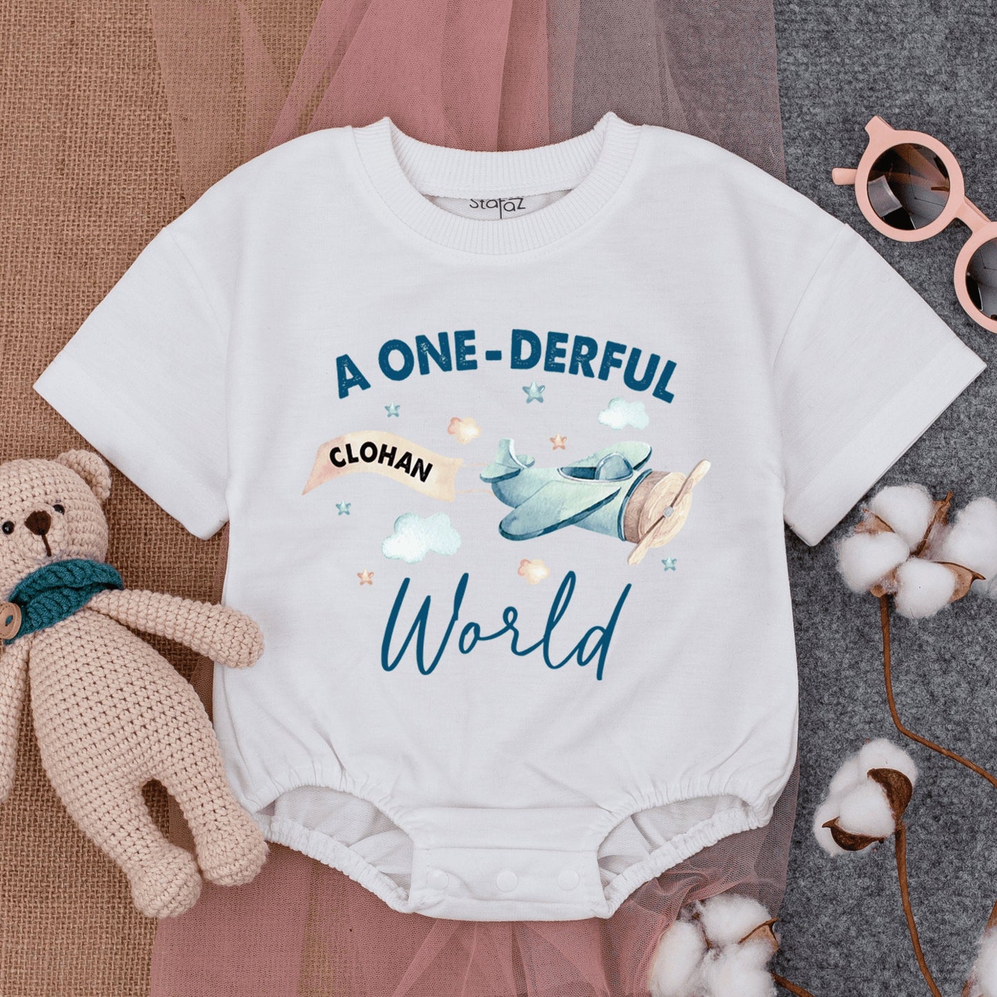 Personalized A Onederful World Baby 1st Birthday Romper Airplane Short Sleeve Outfit Soft Cute Blue Beige White Travel Adventure