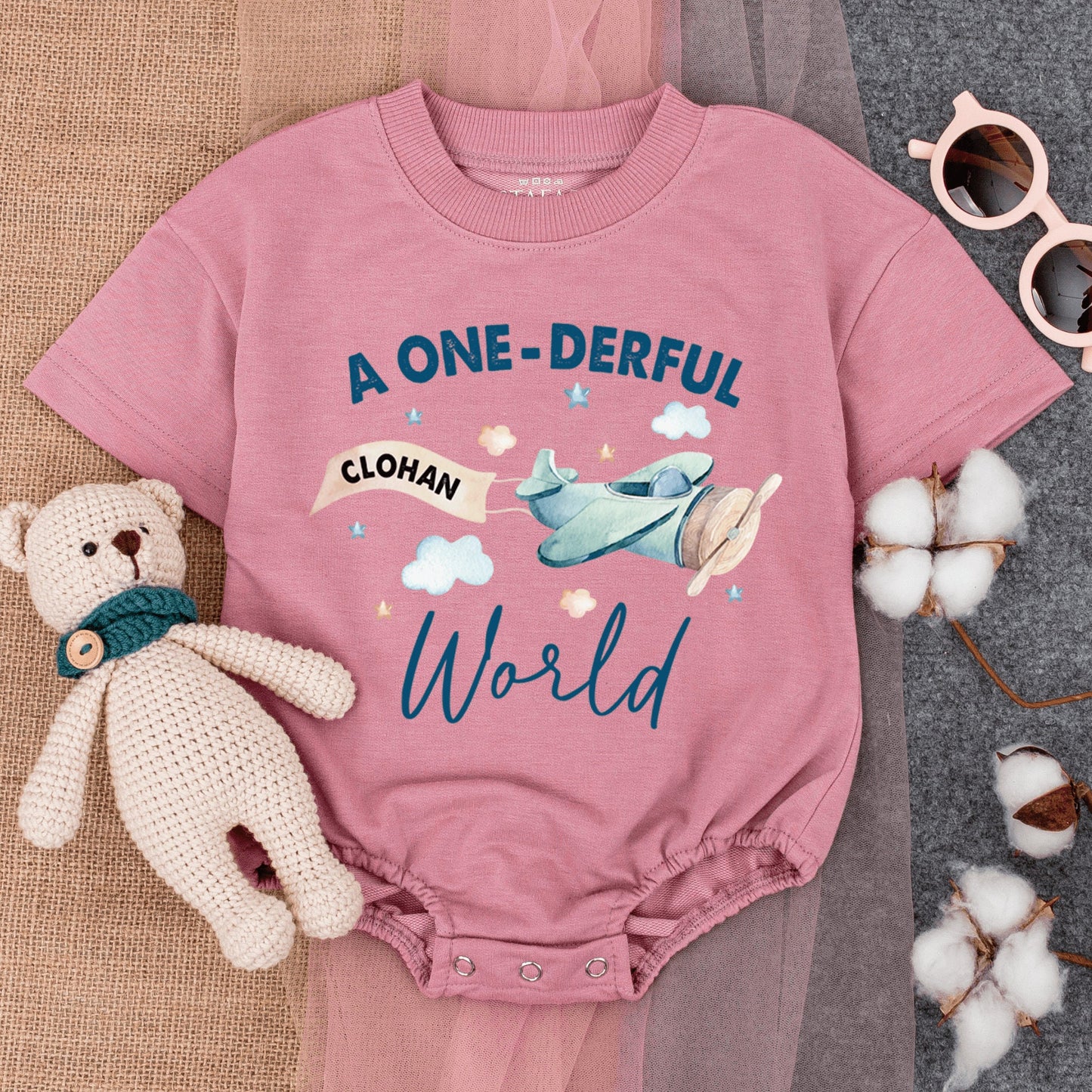 Personalized A Onederful World Baby 1st Birthday Romper Airplane Short Sleeve Outfit Soft Cute Blue Beige White Travel Adventure