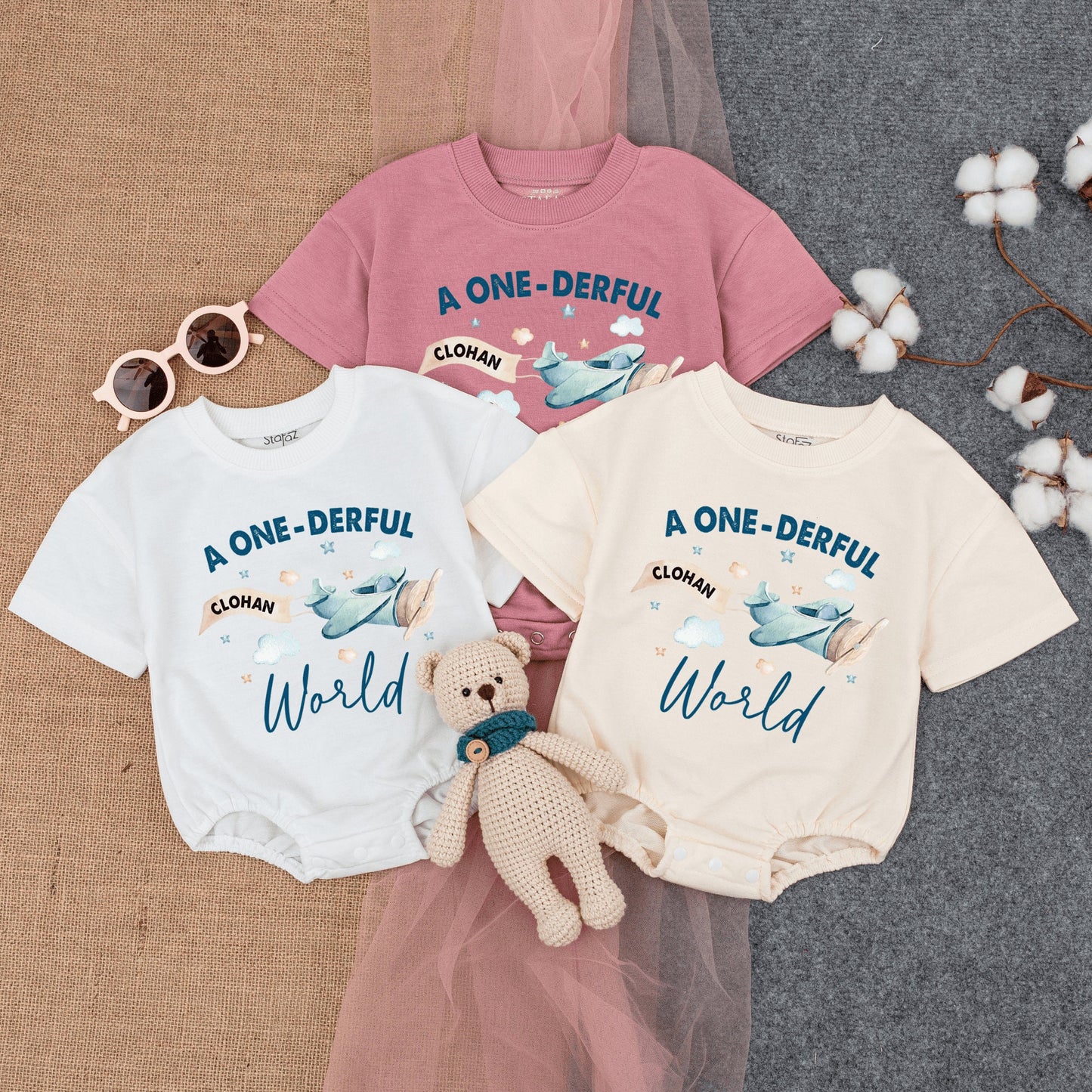 Personalized A Onederful World Baby 1st Birthday Romper Airplane Short Sleeve Outfit Soft Cute Blue Beige White Travel Adventure