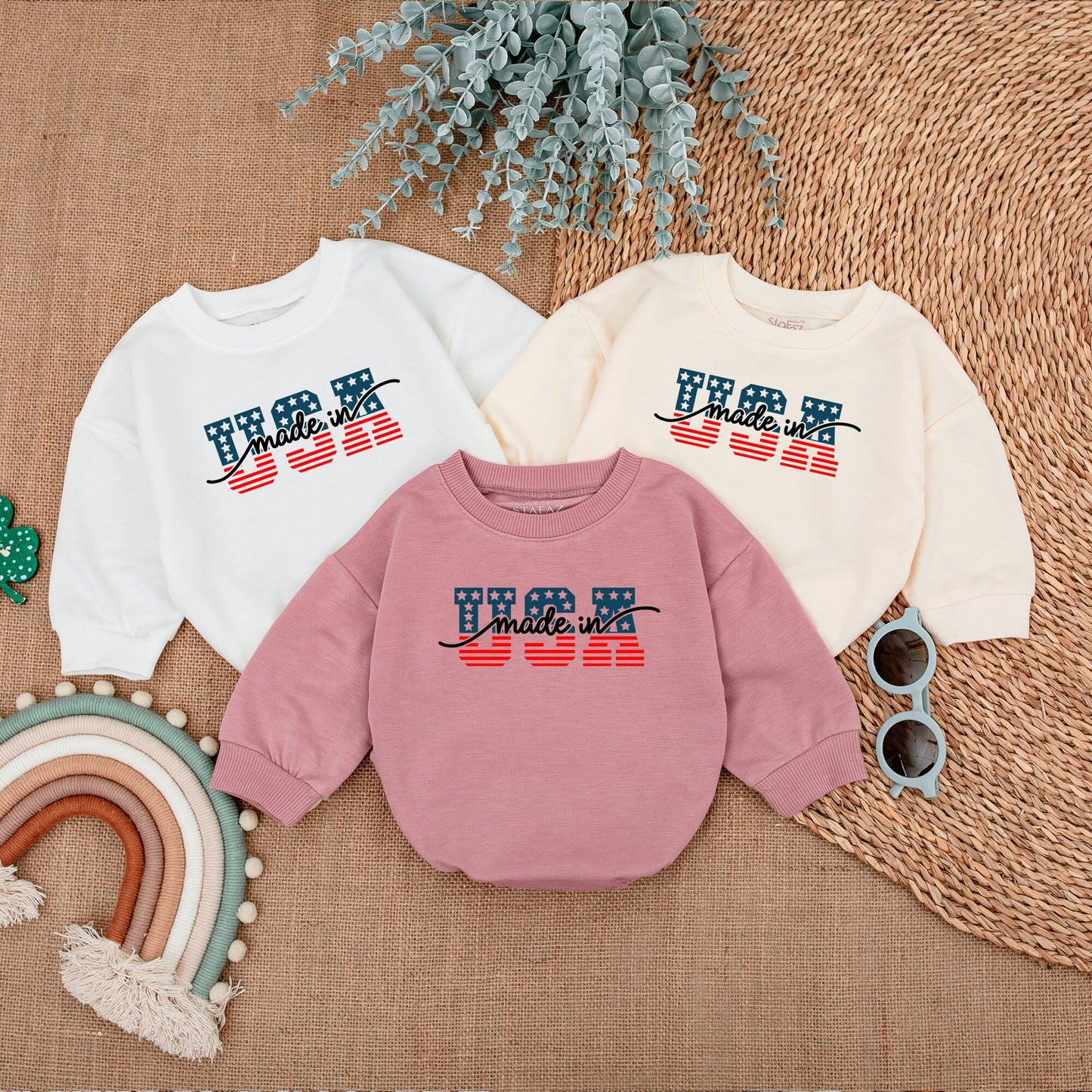 "USA Made" Patriotic Baby Bubble Romper Stars & Stripes Design Fourth of July Infant Bodysuit Comfortable Newborn Outfit Baby Clothes Boy Girl