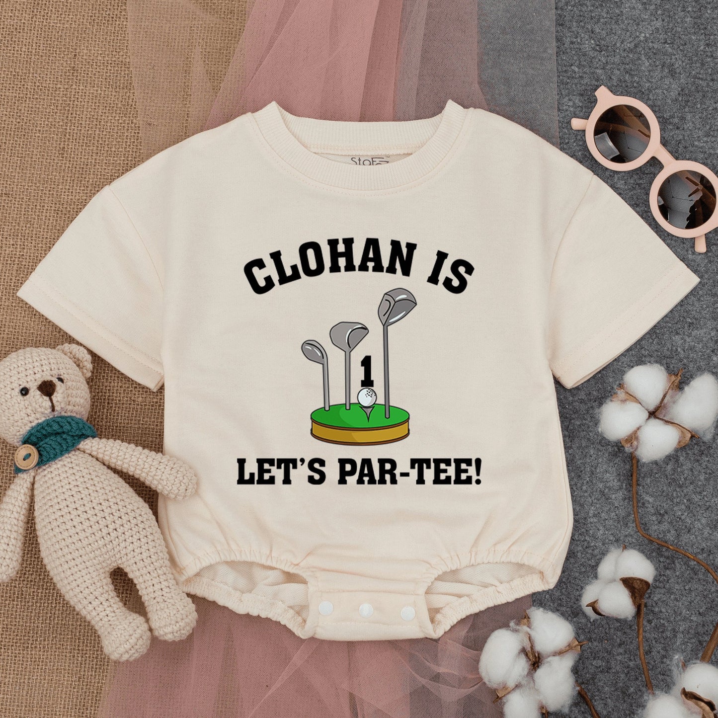 Custom Let's Par-Tee Golf First Birthday Bubble Romper Short Sleeve Infant Boy Outfit Cartoon Golf Ball Club Green Grass Celebration Gift