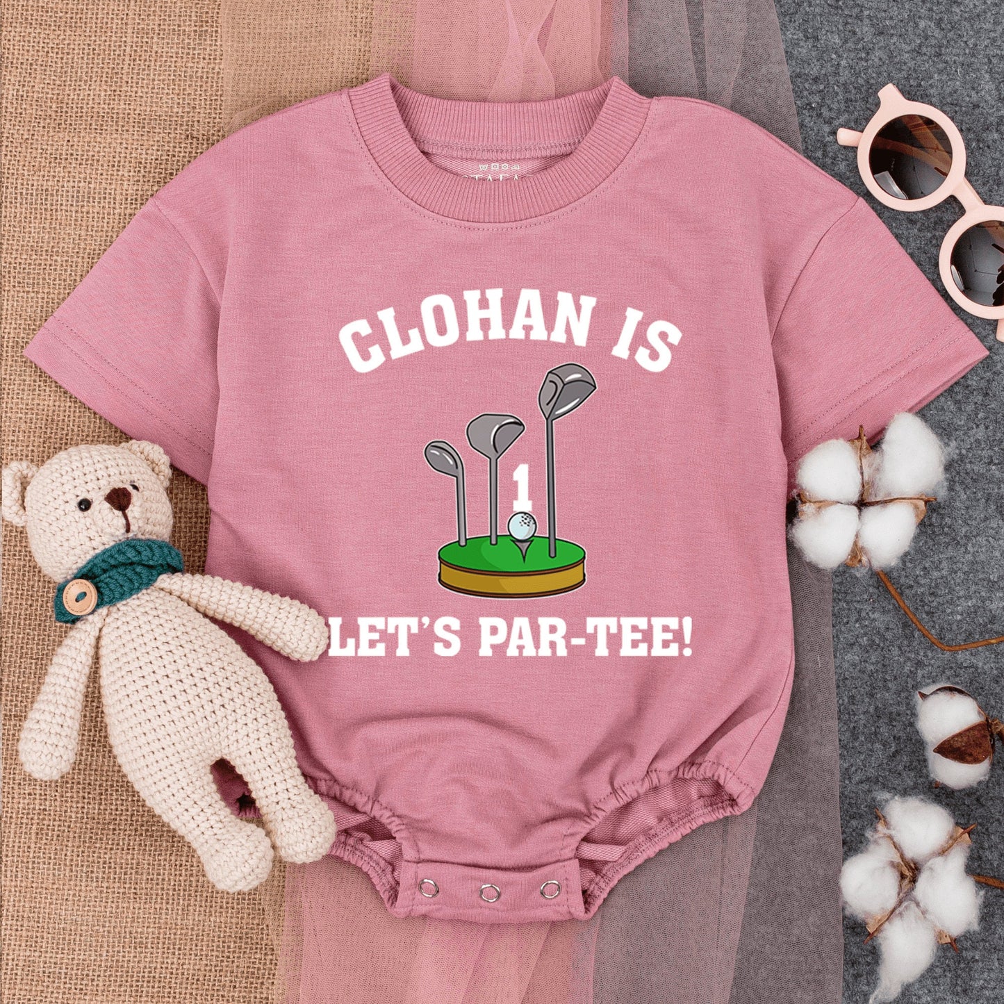 Custom Let's Par-Tee Golf First Birthday Bubble Romper Short Sleeve Infant Boy Outfit Cartoon Golf Ball Club Green Grass Celebration Gift