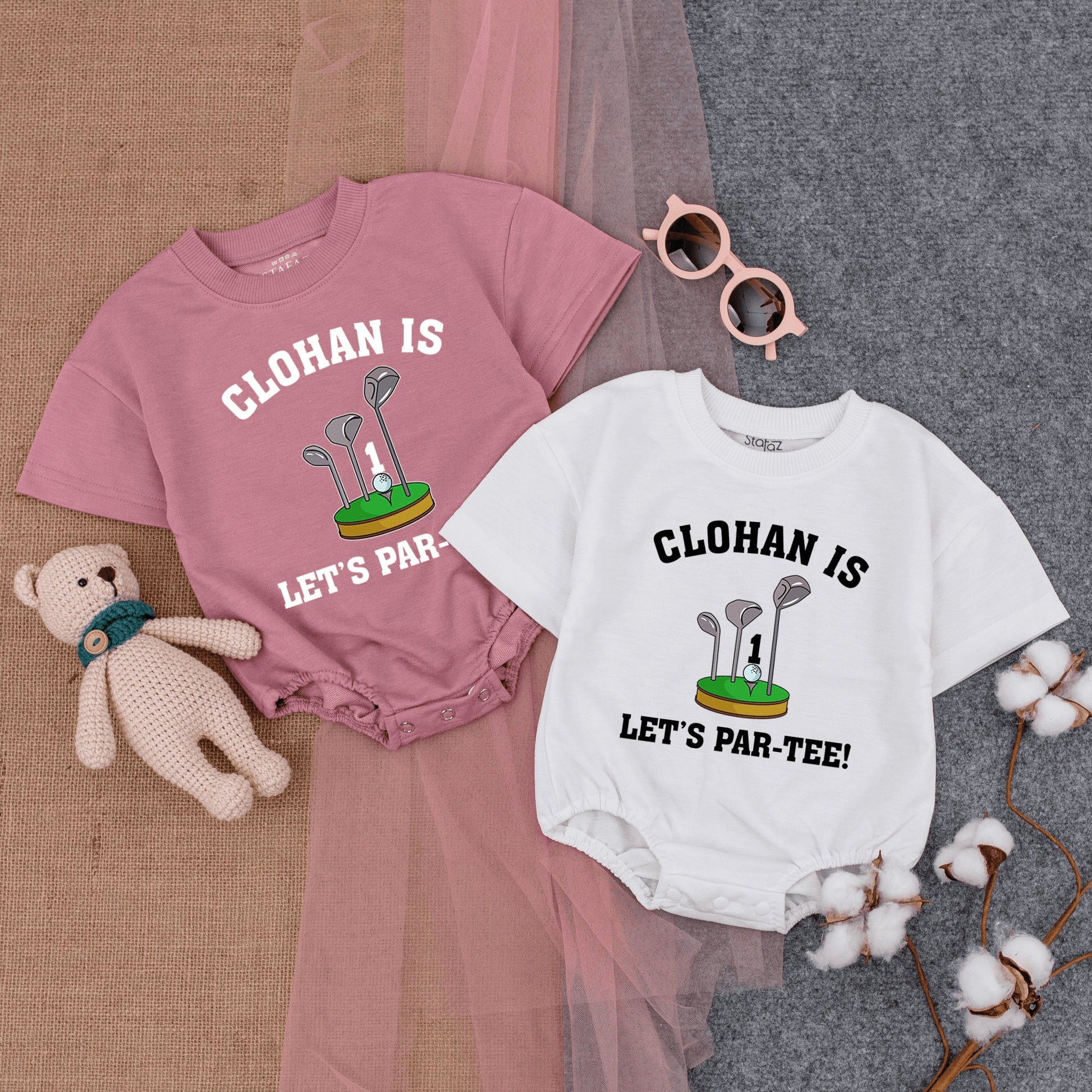 Custom Let's Par-Tee Golf First Birthday Bubble Romper Short Sleeve Infant Boy Outfit Cartoon Golf Ball Club Green Grass Celebration Gift