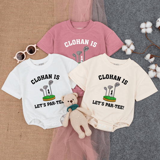 Custom Let's Par-Tee Golf First Birthday Bubble Romper Short Sleeve Infant Boy Outfit Cartoon Golf Ball Club Green Grass Celebration Gift