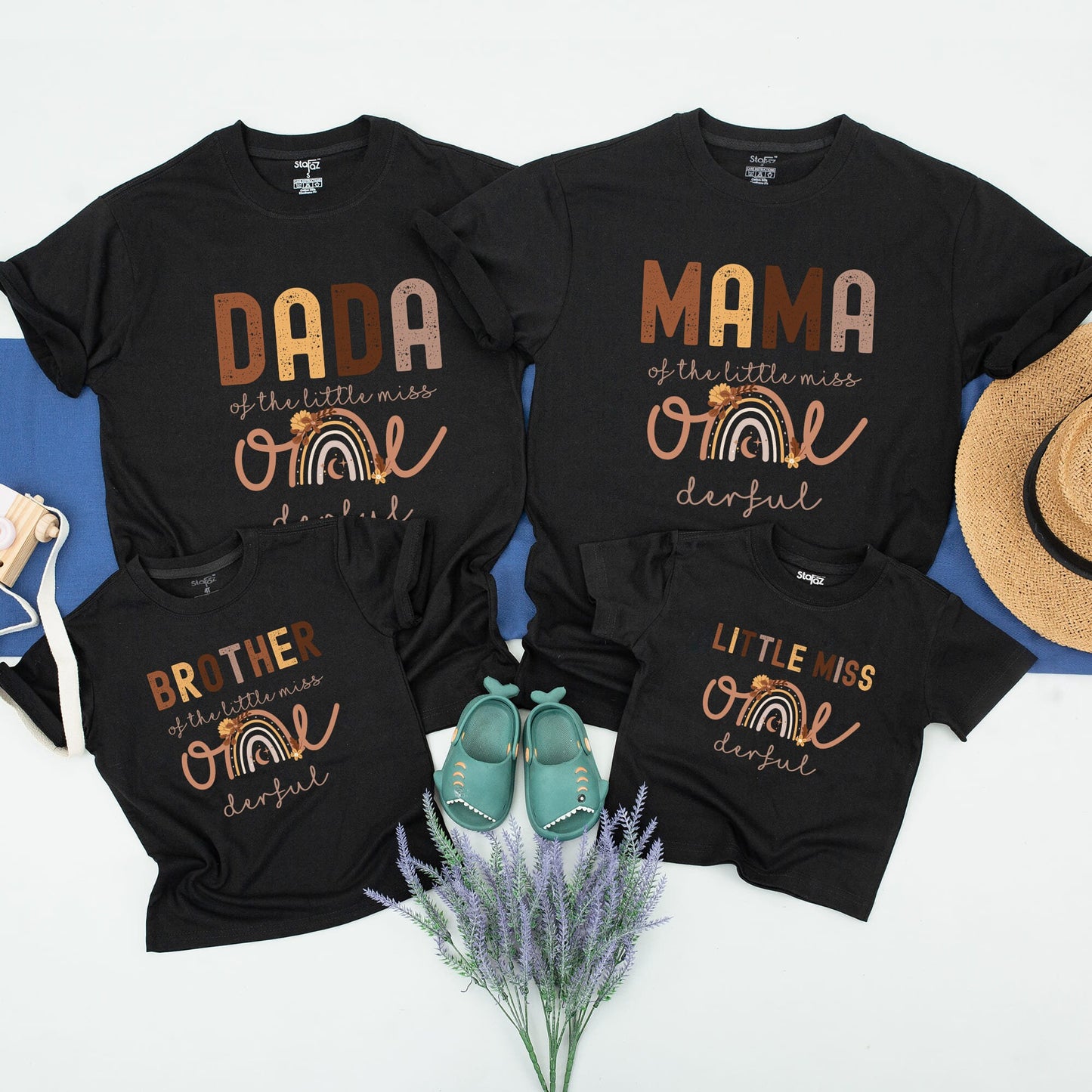 Boho Rainbow First Birthday Family Shirts for Girls Little Miss ONEderful Matching Outfits with Warm Boho Brown & Orange Hues, Floral Crescent Moon Design