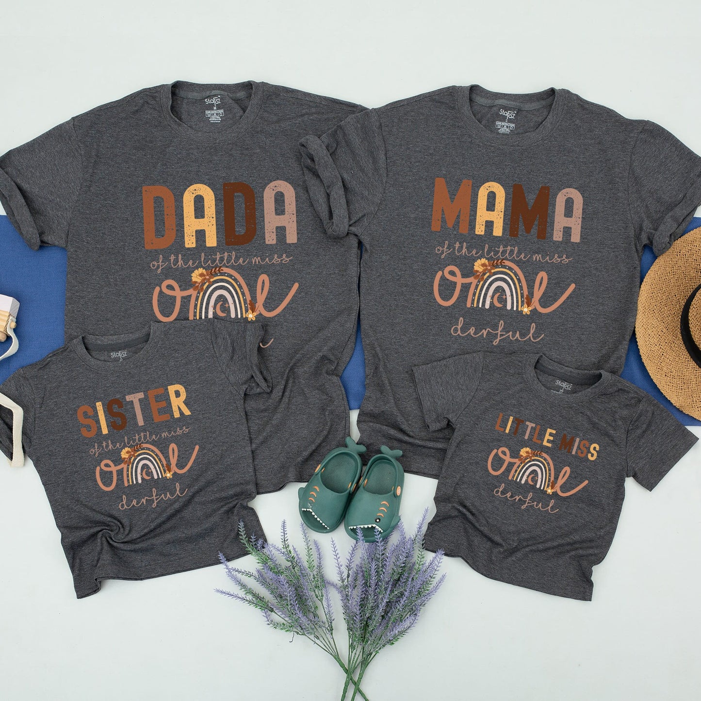 Boho Rainbow First Birthday Family Shirts for Girls Little Miss ONEderful Matching Outfits with Warm Boho Brown & Orange Hues, Floral Crescent Moon Design