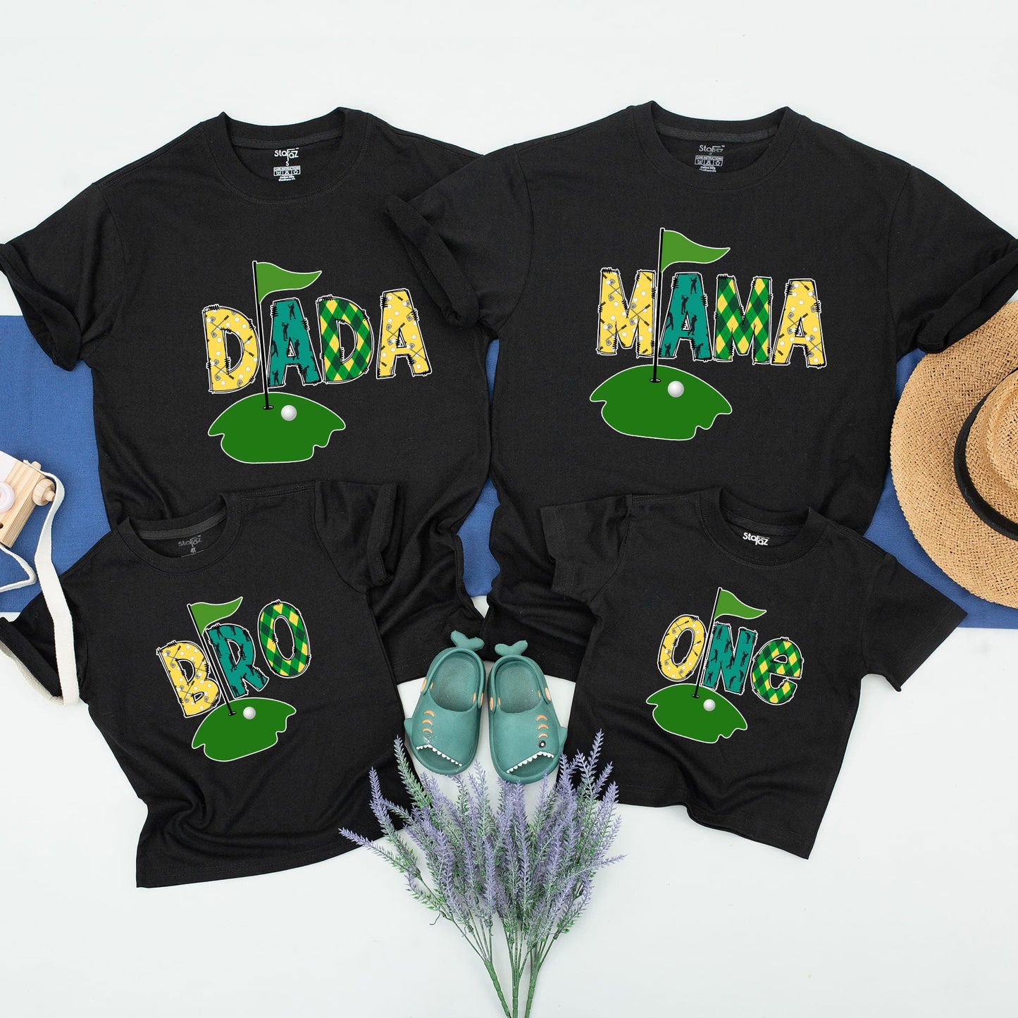 Matching Family Golf Birthday Shirts Yellow Green Black Patchwork Argyle Hole In One 1st Party Celebration Outfits For Baby