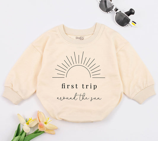 First Trip Around The Sun Baby Romper - Cute Sun Graphic Design First Birthday Outfit, Adventure Baby Girl/Boy, Smash Cake Photoshoot Gift