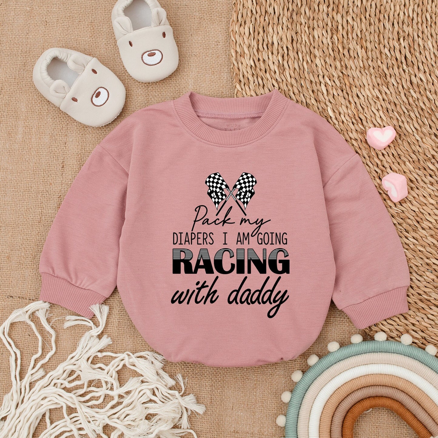 Pack My Diapers Racing With Daddy Bodysuit,Cute Baby Boy Clothes Set,First Father's Day Outfit,Playful Newborn Romper,Checkered Flags,Gift 137