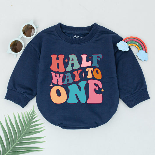Half Way To One Romper Groovy Half Birthday Baby Girl Boy Outfit Retro Pastel Starburst Celebration Gift Soft Cotton Newborn Clothes