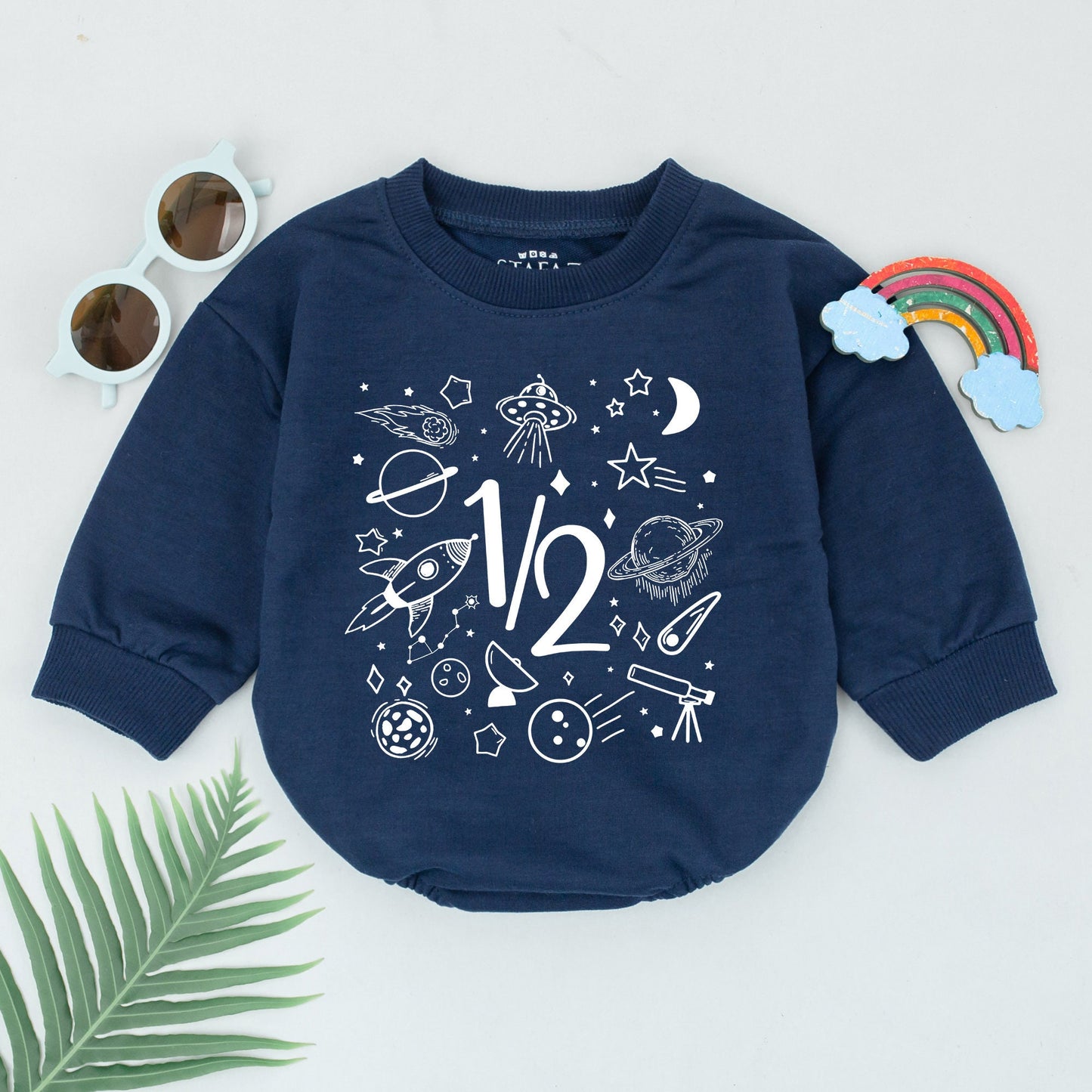 Whimsical Space Half Birthday Boy Romper with 1/2 Text for 6 Months Celebration Planets Stars Rocket Moon UFO Black Ink Newborn Baby Outfit Gift
