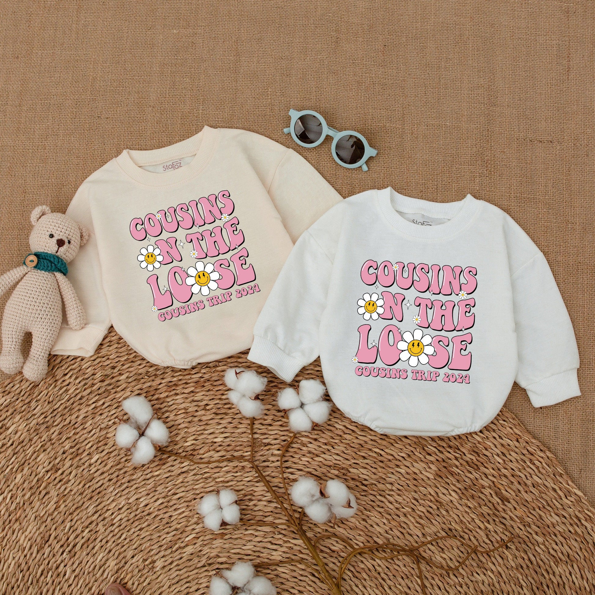 Matching Cousins On The Loose Romper for Baby Girls & Boys, 2024 Family Trip Outfit with Retro Pink Bubble Letters & Smiley Daisy Flowers