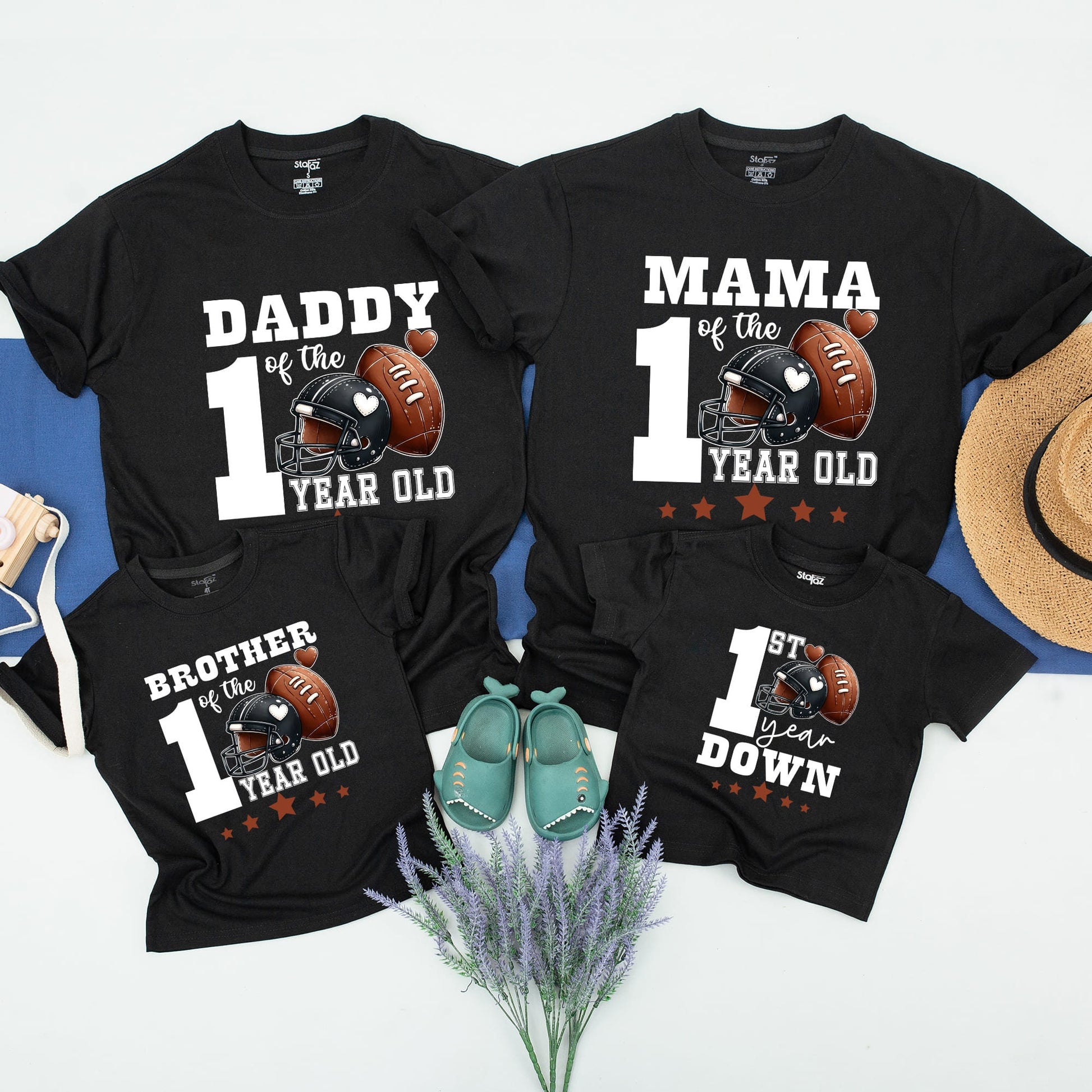 Matching Football First Birthday Family Shirts 1st Down Celebration 1 Year Old Party Outfits with Helmets and Stars