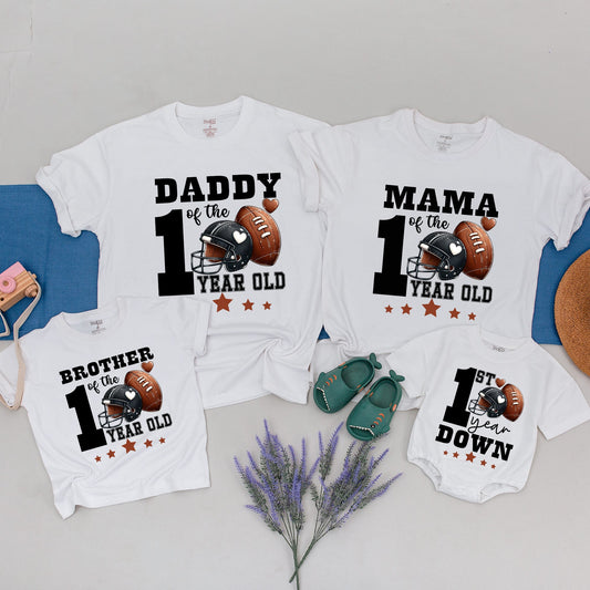 Matching Football First Birthday Family Shirts 1st Down Celebration 1 Year Old Party Outfits with Helmets and Stars