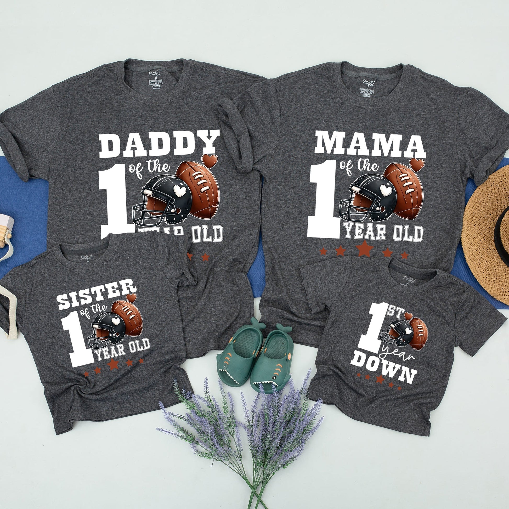 Matching Football First Birthday Family Shirts 1st Down Celebration 1 Year Old Party Outfits with Helmets and Stars