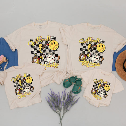 Personalized Retro Softball Family Matching Game Day Shirt Smiley Face Yellow Black Checkered Mama Daddy Brother Mini Tee