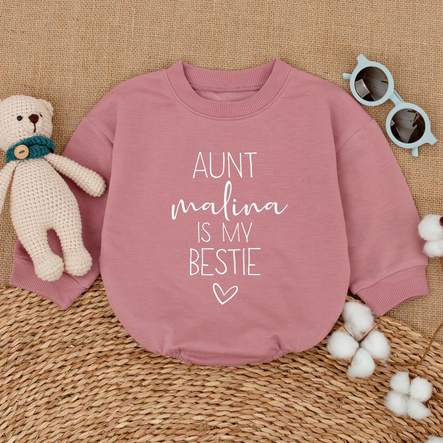 Personalized Aunt Malina Is My Bestie Baby Romper Bodysuit with Black Heart Design Simple Modern Auntie's Best Friend Outfit Newborn Gift