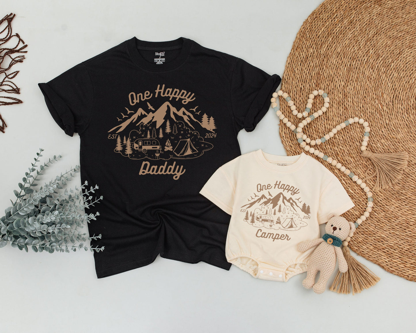 One Happy Camper First Birthday Family Matching Shirts Brown Mountain Camping Design Vacation Outfits Dad Mommy Brother EST 2024