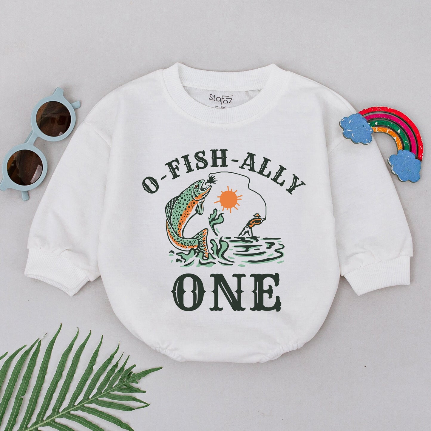 O-Fish-Ally One First Birthday Fishing Romper Baby Bodysuit with Playful Jumping Fish Design Outdoor Theme Cake Smash Outfit Gift