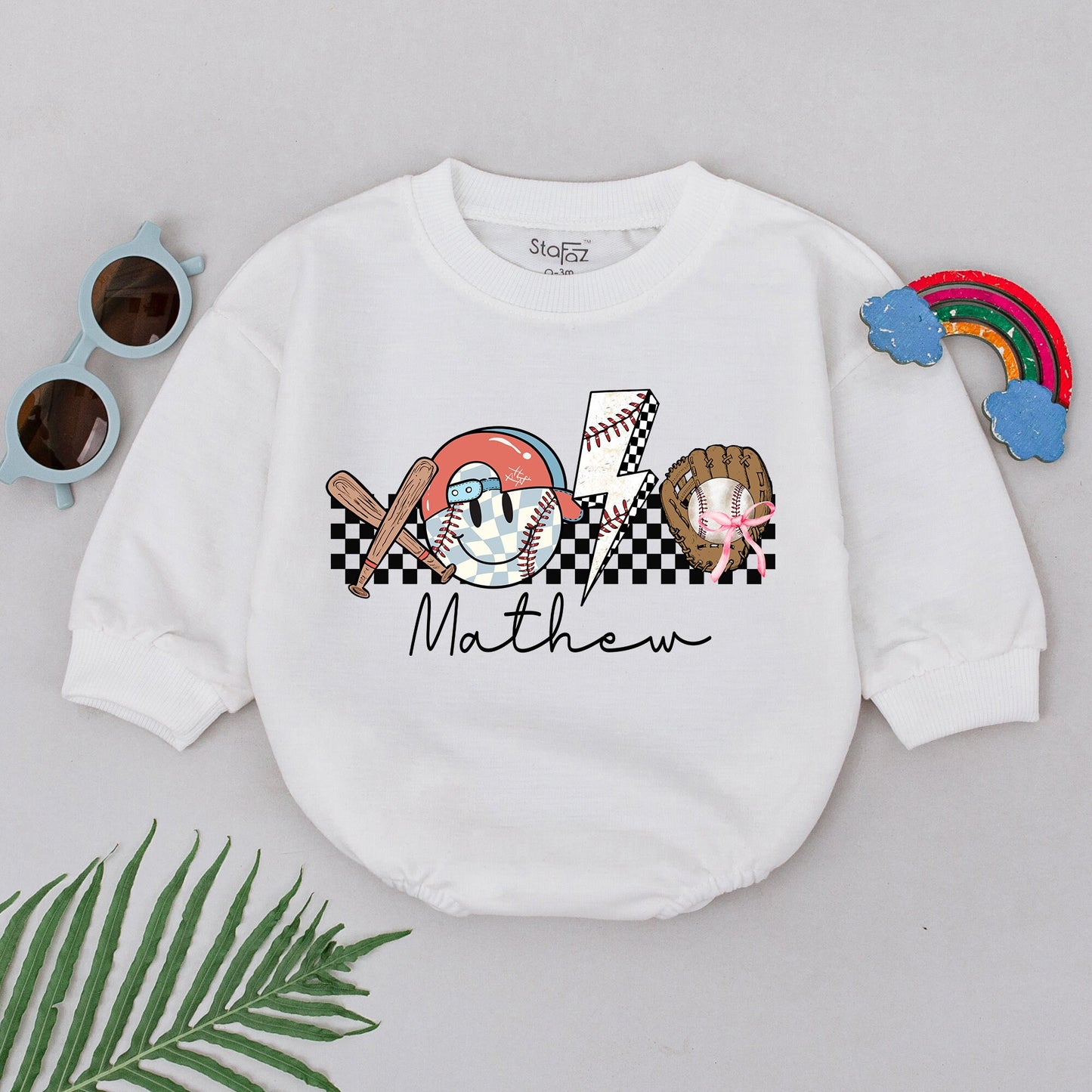 Personalized Retro Baseball Game Day Bubble Romper for Baby Boy featuring a Whimsical Helmet Bats Glove and Lightning Bolt Design for Gameday Season