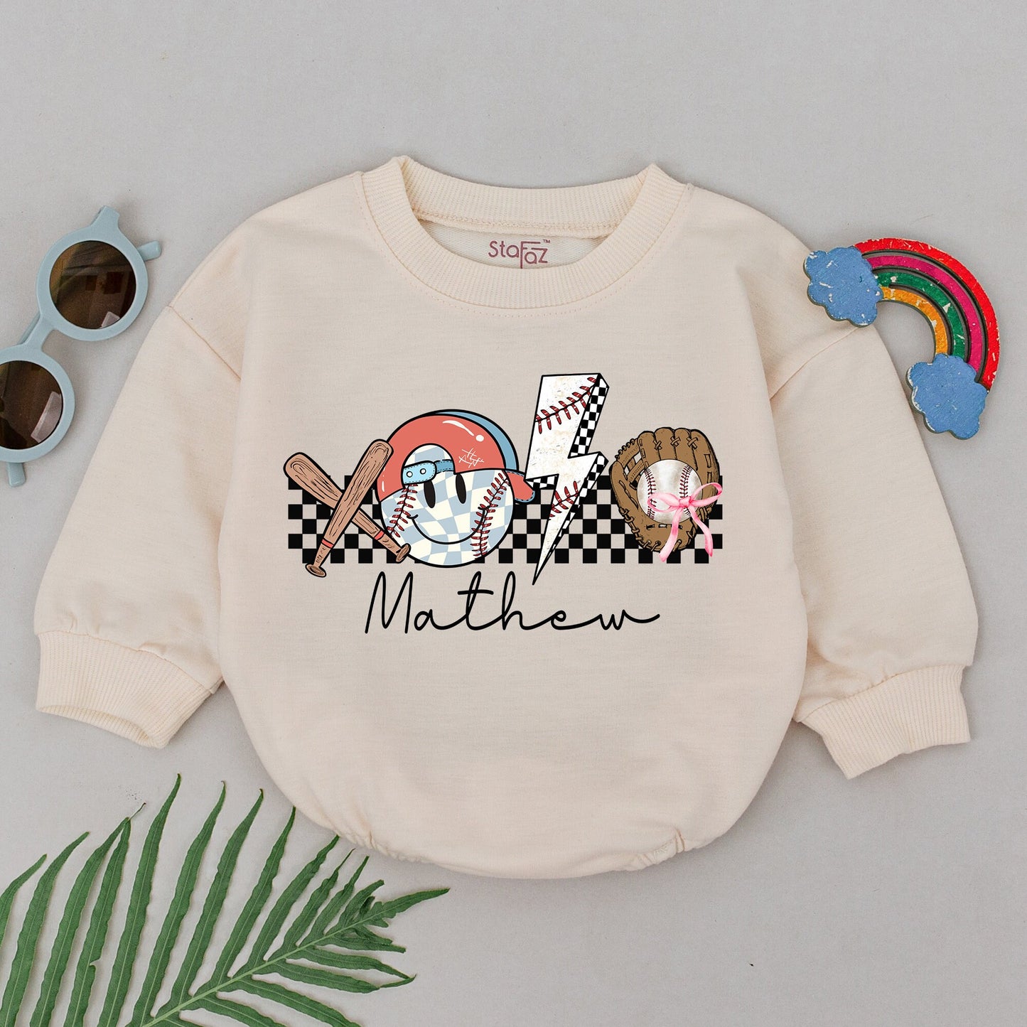 Personalized Retro Baseball Game Day Bubble Romper for Baby Boy featuring a Whimsical Helmet Bats Glove and Lightning Bolt Design for Gameday Season