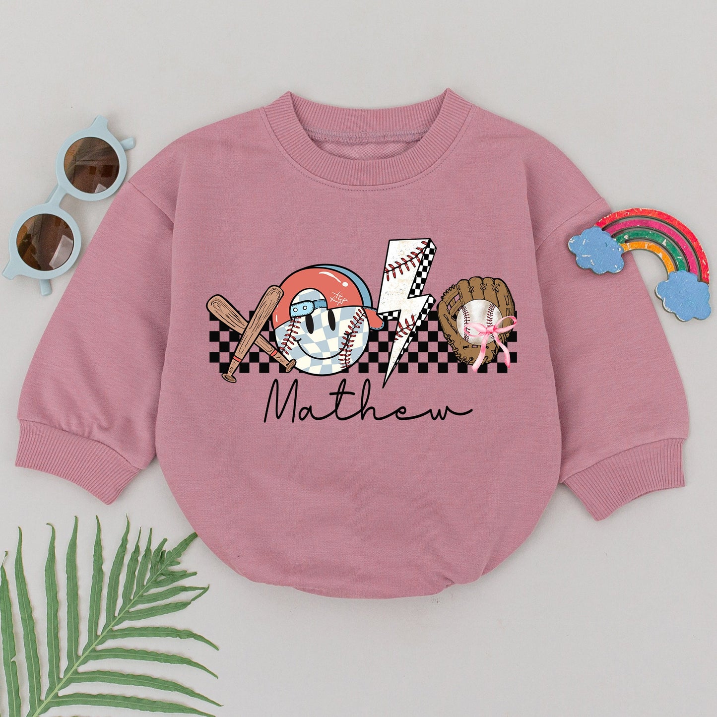 Personalized Retro Baseball Game Day Bubble Romper for Baby Boy featuring a Whimsical Helmet Bats Glove and Lightning Bolt Design for Gameday Season