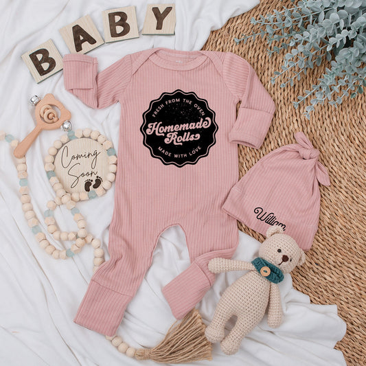 Personalized Homemade Rolls Baby Bodysuit & Hat Set Fresh from the Oven Vintage Rustic Pregnancy Reveal Gift