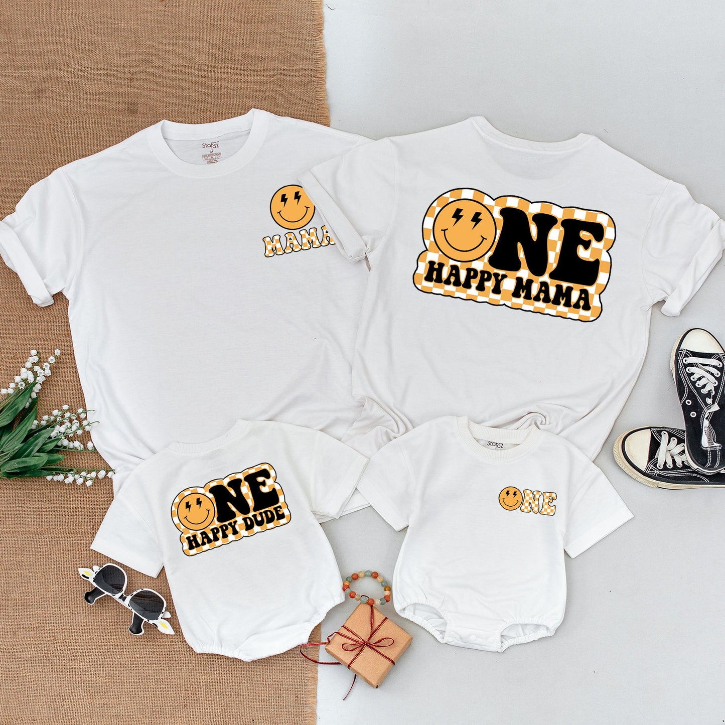 One Happy Dude 1st Birthday Shirts Matching Mommy and Me Outfit Yellow Smiley Face Family T-shirts Toddler Boy Bodysuit Retro