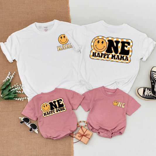 One Happy Dude 1st Birthday Shirts Matching Mommy and Me Outfit Yellow Smiley Face Family T-shirts Toddler Boy Bodysuit Retro
