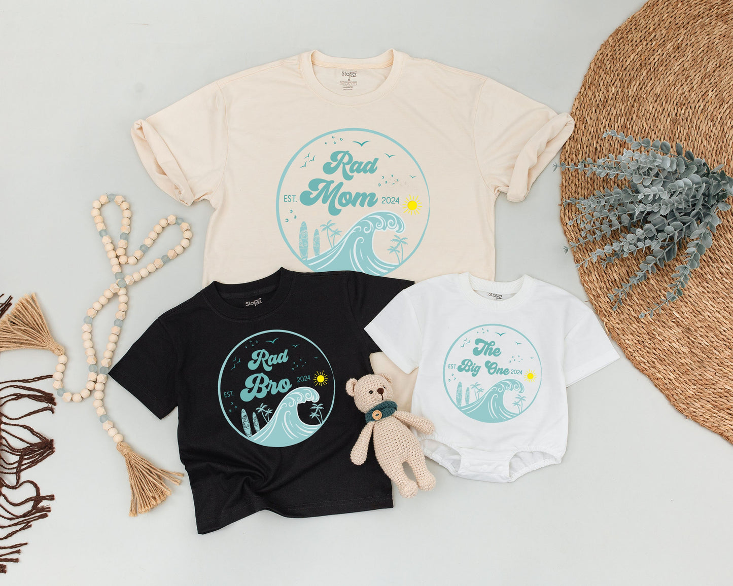 Matching Surf Family Birthday Shirts Rad Dad Mom The Big One 1st Birthday Boy Outfit Beachy Surfer Tees Teal Wave Palm Tree Sun Design EST 2024