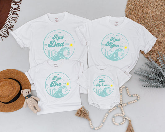 Matching Surf Family Birthday Shirts Rad Dad Mom The Big One 1st Birthday Boy Outfit Beachy Surfer Tees Teal Wave Palm Tree Sun Design EST 2024