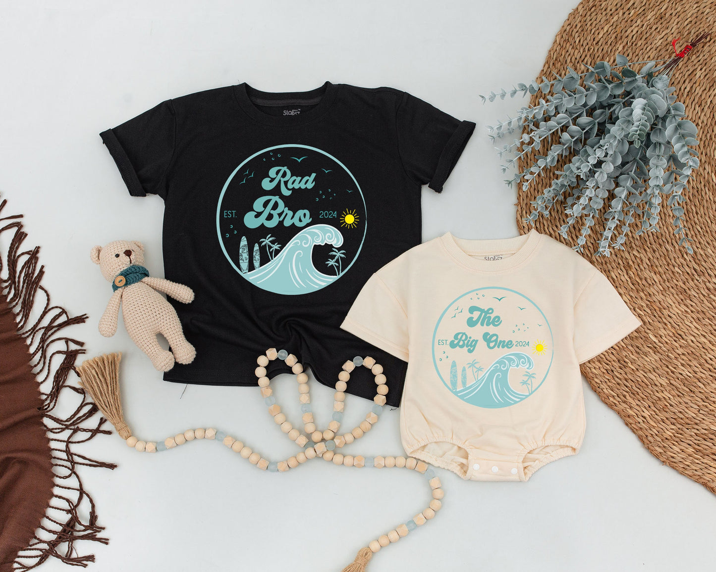 Matching Surf Family Birthday Shirts Rad Dad Mom The Big One 1st Birthday Boy Outfit Beachy Surfer Tees Teal Wave Palm Tree Sun Design EST 2024