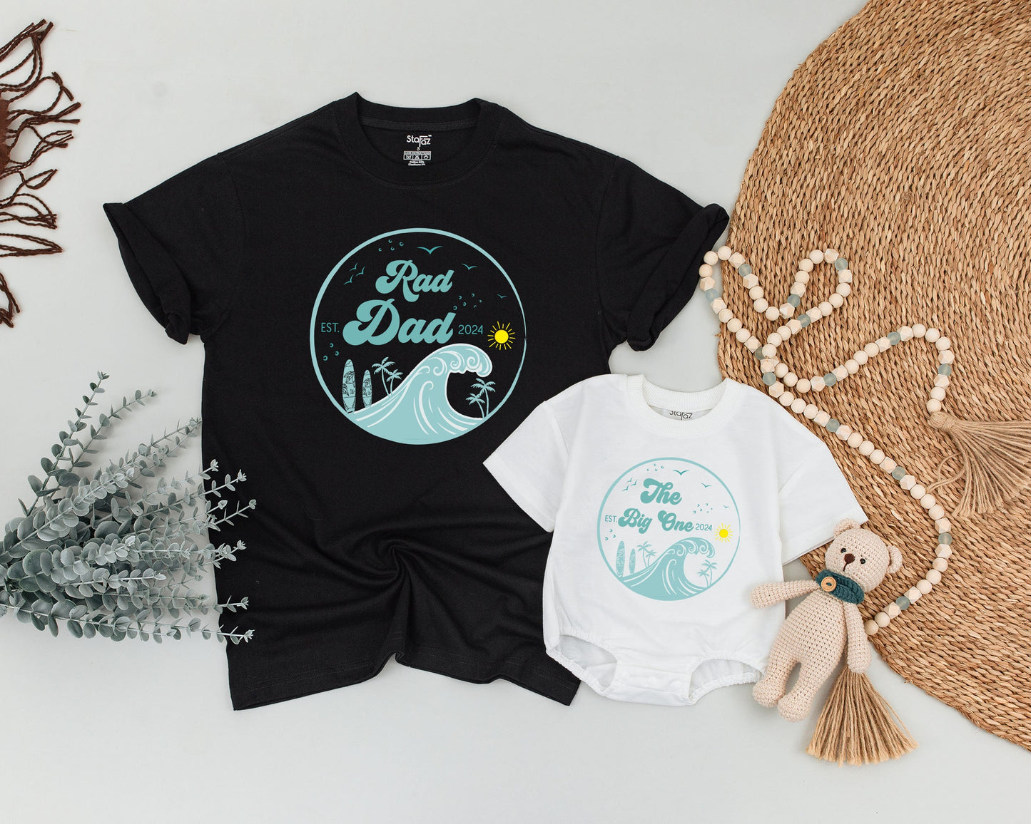 Matching Surf Family Birthday Shirts Rad Dad Mom The Big One 1st Birthday Boy Outfit Beachy Surfer Tees Teal Wave Palm Tree Sun Design EST 2024