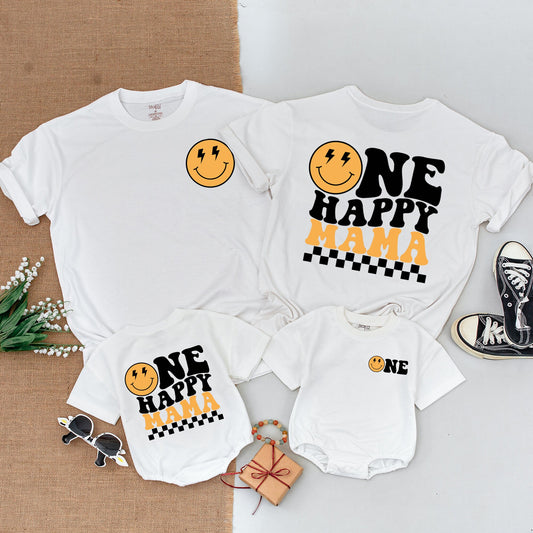 One Happy Dude First Birthday Shirt Family Matching Outfit Retro Smiley Face Black Orange Yellow Checkered Design Playful 70s Vibe Baby Boy Bodysuit Toddler T-shirt